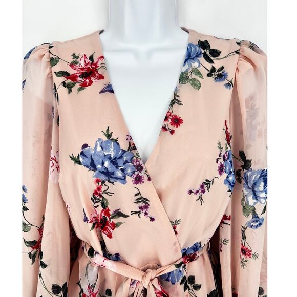 Express NWT Blush Pink Floral Butterfly Chiffon Tie Waist Faux Wrap Dress Size S - Picture 4 of 9